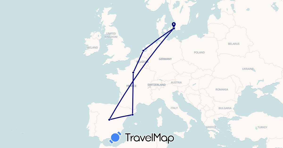 TravelMap itinerary: driving in Denmark, Spain, France, Netherlands (Europe)